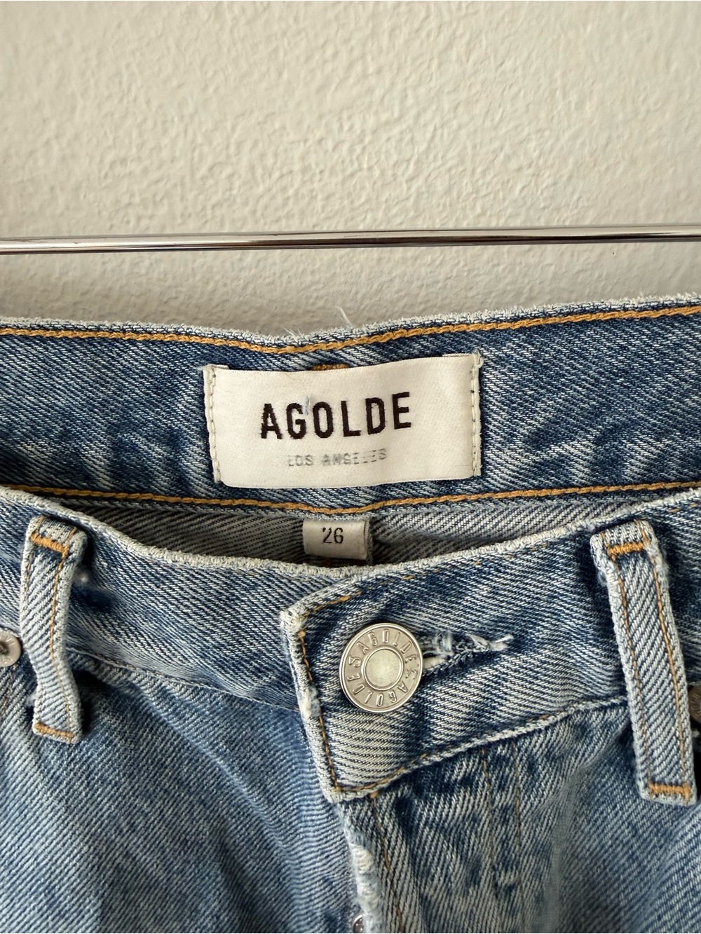 Agolde Faded Blue High-Rise Distressed Denim Shorts - Picture 2 of 3